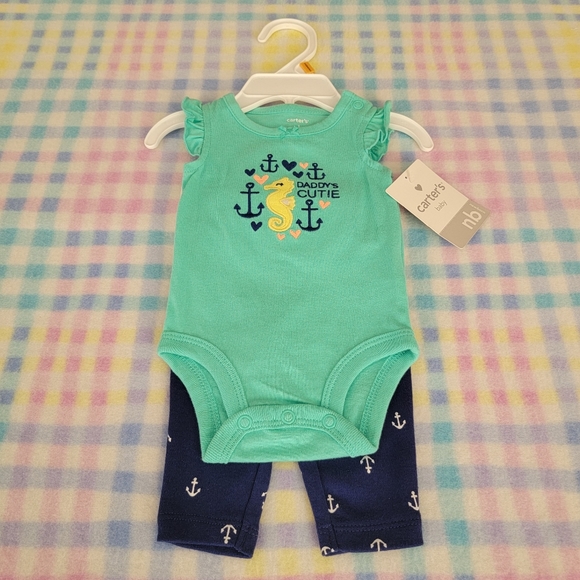CARTER'S ♡ Navy|Green|Yellow Seahorse-Anchor-💕's DADDY'S CUTIE 2pc Outfit NB - Picture 1 of 8